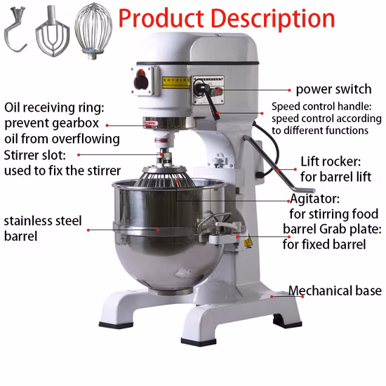 Elektrische Bäckereimaschine, industrielle Bäckereiausrüstung, Ständer, Spirale, Lebensmittel, Planeten, Eierkuchen, Backen, Teigmischer für die Küche